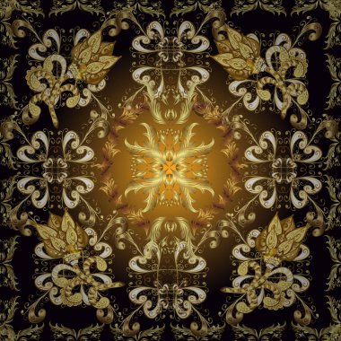 Kahverengi, siyah ve sarı renkli ve altın elementli klasik, pürüzsüz desen. Noel 2019, kar tanesi, yeni yıl.