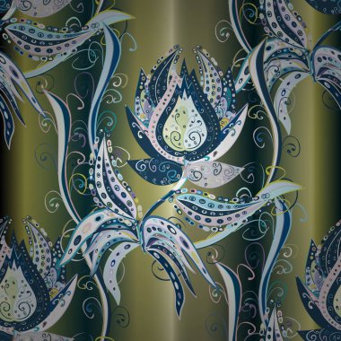 Küçük çiçekteki sevimli çiçek deseni. Bir sürü mavi, yeşil ve nötr soyut çiçekli tropikal desenler. Varicoloblue, yeşil ve nötr vektör pürüzsüz çizim.