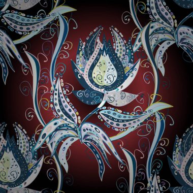 Yapraklı çiçekler ve mavi, nötr ve kahverengi renkte papatya çiçekleri. Vektör - stok. Kusursuz arkaplan deseni.