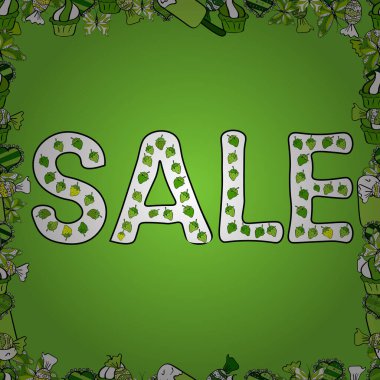 Mektup. Kusursuz desen. Vektör. Beyaz, siyah ve yeşil renkli bir resim. Satış sözcükleri bulutu, iş konsepti geçmişi.