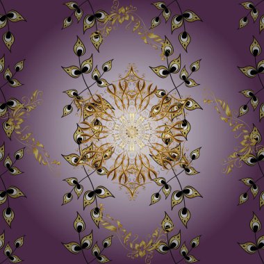 Paisleys zarif çiçek desenli arka plan çizimi. Güzel, modaya uygun, modern, üç boyutlu, sanat eseri, altın ve gri, mor, nötr desenli çiçek yaprakları ve süslemeleri olan çizimler..