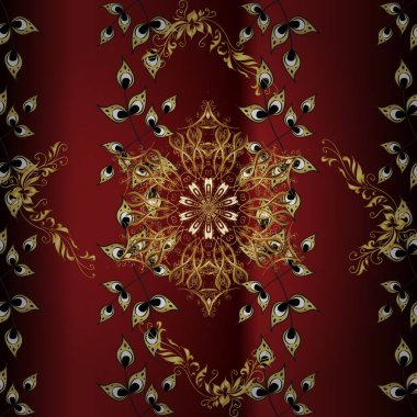 El yapımı dekoratif çerçeve, albüm kapağı, tebrik kartı, klasik Art deco tarzı. Altın karalama fantezi yapraklarından vektör soyut çiçek çelengi ve kahverengi, kırmızı ve siyah renkte çiçek.