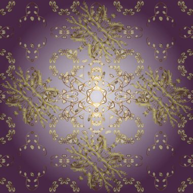 Tarafsız, sarı ve mor renkli ve altın elementli klasik, pürüzsüz desen. Vektör illüstrasyonu.