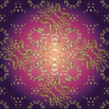 Kusursuz ahşap oyma. Oyma. Patina. Küçük bir alan derinliği. Pembe, mor ve mor renklerde altın elementler. Altın kaplamalı arka plan. Klasik mobilya stili.