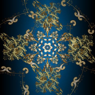 Doğum günü kartı, davetiye ya da afiş için iyidir. Kusursuz ortaçağ çiçek deseni. Vektör çizimi. Siyah, kahverengi ve mavi renklerde altın. Dekoratif simetri arabesk.