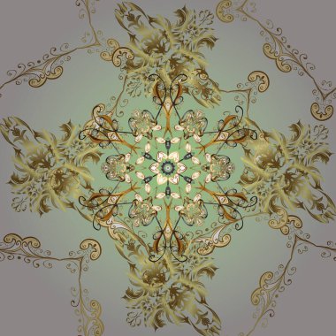 Barok tarzında kusursuz bir doğulu süsü. Bej, gri ve nötr renklerde geleneksel altın desenli vektör.