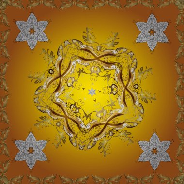 Geleneksel, etnik, Türk, Hint motifleri. Vektör. Eski model. Sarı, kahverengi ve turuncu süslemeli, çiçeksiz desenli. Kumaş ve tekstil için harika, eskiz, ambalaj ya da herhangi bir istenen fikir için..