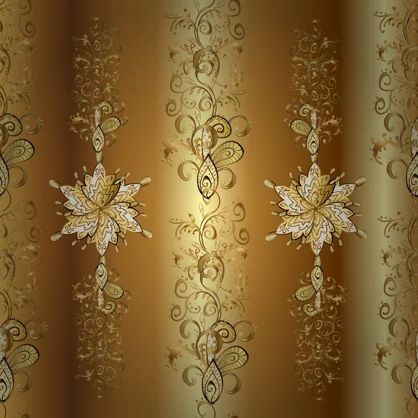 无缝金图案 米黄色和棕色 带有金色元素 有花纹的金金属 Vector Golden Floral Ornament Brocade Textile — 图库矢量图片