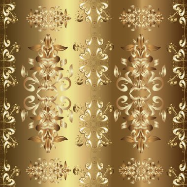 Damask pürüzsüz yineleme kalıbı. Barok tarzında altın çiçekli süs. Bej, kahverengi ve nötr renklerde altın element. Antika altın tekrarlanabilir çizim.