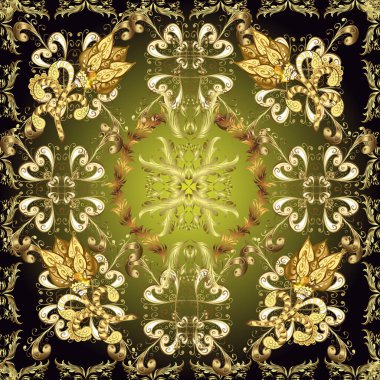 Zarif bir klasik vektör modeli. Kahverengi, siyah, sarı ve altın desenli. Tekrarlayan ögelerle kusursuz soyut arkaplan.