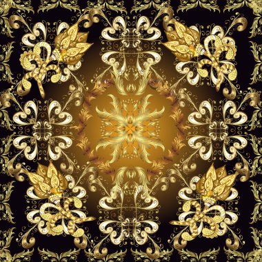 Düz elle çizilmiş klasik koleksiyon. Altın elementlerle siyah, sarı ve kahverengi renklerde altın desen. Arkaplan, kumaş, altın çizim. Vektör altın pürüzsüz desen.