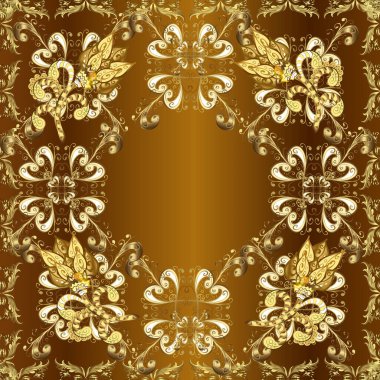 Doğu tarzı arabesk tarzında altın elementler. Kusursuz altın desenli bukleler. Bej, sarı ve kahverengi renklerde pürüzsüz desen. Vektör altın pürüzsüz desen.