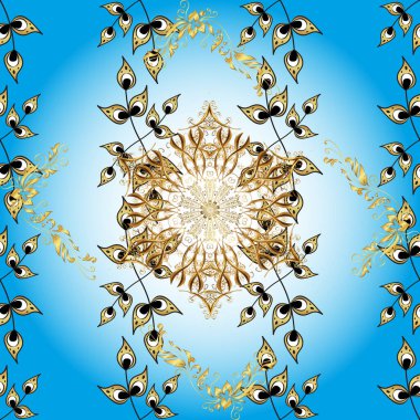 Tarafsız, mavi ve gri renkler ve altın elementler. Vektör altın çiçek süsü brokar kumaş ve cam desenli. Kusursuz altın desen. Çiçek desenli altın metal..