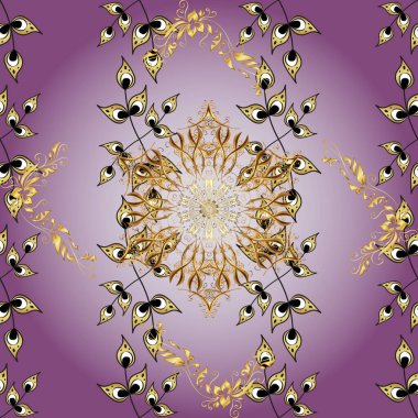 Kusursuz altın desen. Vektör doğu süsü. Altın desenli mor, gri ve nötr renklerde altın elementler.