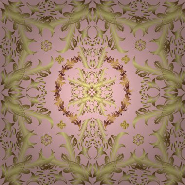 Kahverengi, sarı ve nötr renklerde altın antika ortaçağ dekoratif yaprakları ve altın desenli süslemeleri olan vektörsüz desenler. Kusursuz kraliyet lüksü, altın barok kumaş rengi..