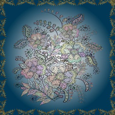 Renkli Yaz Temalı Kusursuz Arkaplan. Çiçekler gri, mavi ve nötr renklerde. Düz Çiçek Elementleri Tasarımı. Şirin çiçek vektör deseni.