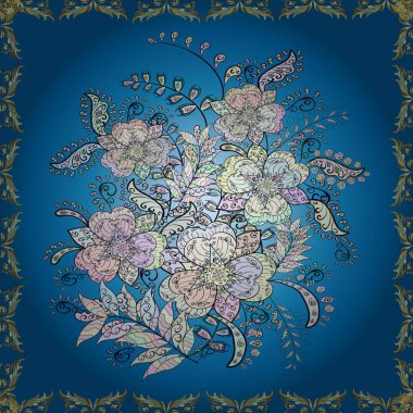 Moda baskıları için zarif bir şablon. Tarafsız, gri ve mavi çiçekli bahar çiçekleri. Motley illüstrasyonu. Küçük renkli çiçekler. Küçük çiçekteki sevimli vektör deseni.