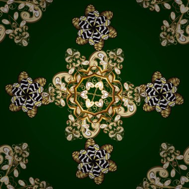 Sarı, kahverengi ve mavi renklerde altın elementlerle kusursuz klasik desen. Noel, kar tanesi, yeni yıl 2019.