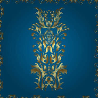 Geleneksel vektör ve altın desen. Klasik oryantal desen, nötr, kahverengi ve mavi renkler üzerinde. Damask pürüzsüz süsü.