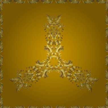 Geleneksel vektör ve altın desen. Kahverengi, nötr ve sarı renkler üzerinde klasik oryantal desen. Damask pürüzsüz süsü.