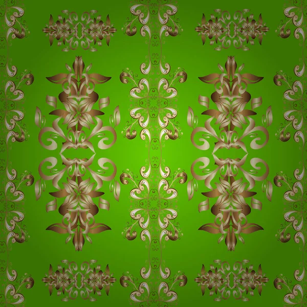 Vintage Seamless Pattern Brown Green Beige Colors Golden Elements Vector — Stock Vector