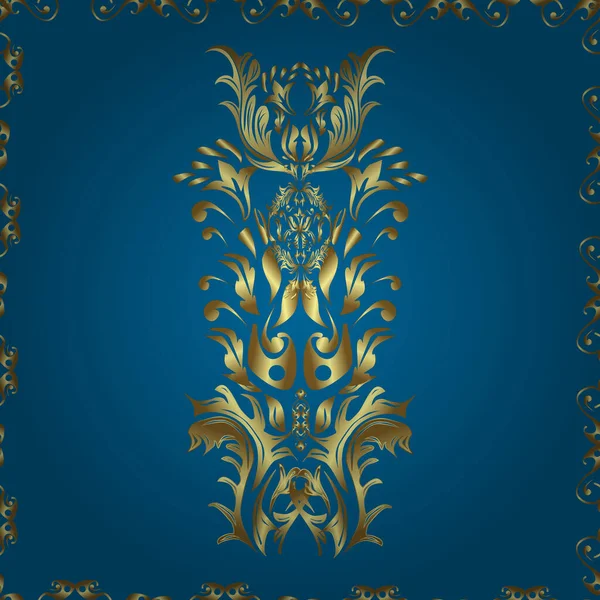 传统的矢量和金色图案 棕色和蓝色之间的经典东方图案 锦缎无缝饰品 — 图库矢量图片