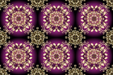 Çiçekli süslemeli, pürüzsüz bir desen. Duvar kâğıdı için altın süslü bir illüstrasyon. Geleneksel Arap dekoru mor, kahverengi ve siyah renklerde. Doğu tarzında vintage tasarım ögesi.