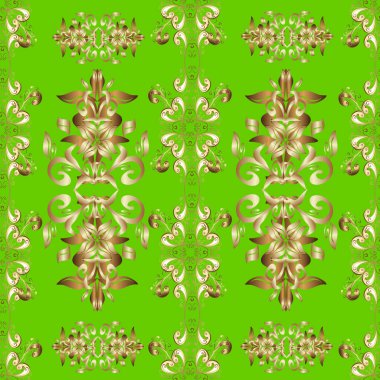 Kahverengi, yeşil ve bej renkler üzerinde klasik oryantal desen. Geleneksel vektör ve altın desen. Damask pürüzsüz süsü.