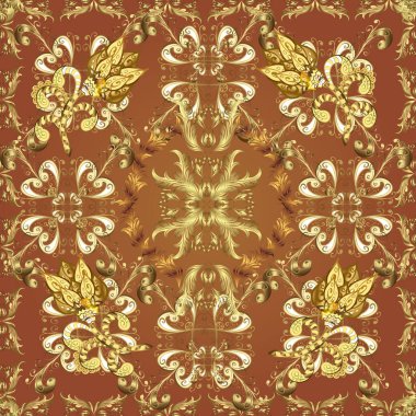 Kusursuz desenli oryantal süs. Vektör altın tekstil izi. Altın elementlerle bej, kahverengi ve sarı renklerde altın desenler. Çiçek kiremitleri. İslam tasarımı.