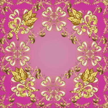 Kusursuz altın desenli bukleler. Doğu tarzı arabesk tarzında altın elementler. Vektör altın pürüzsüz desen. Sarı, pembe ve morumsu renklerde kusursuz desen.