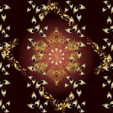 Vektör altın desen. Doğulu stil, altın elementli gri, kahverengi ve siyah renklerde altın desenli arabesk yapar. Kusursuz kıvırcık saçlar..