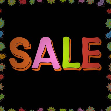 Vektör. Projen, satış, çerçeve, animasyon ve reklam için modaya uygun arka planlara sahip koleksiyon. Basit bir poster, yamalar, pop sanat tarzında rozetler. Satış harfleri pembe, siyah ve turuncu renklerde..