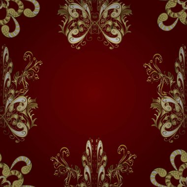 Çiçek desenli altın metal. Altın elementli sarı, kahverengi ve kırmızı renkler. Vektör altın çiçek süsü brokar kumaş ve cam desenli. Kusursuz altın desen.