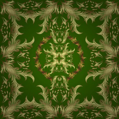 Çiçek süsü kumaş deseni, cam, çiçek desenli altın elementli yeşil ve sarı renkler. Klasik, altın, pürüzsüz model..