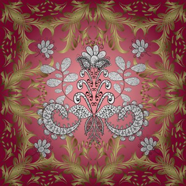 Kart, eskiz, ambalaj ve tekstil için klasik tasarım. Vektör çizimi. Klasik çiçek dokusu. Kırmızı, nötr ve pembe renklerde Royal retro. Kusursuz desenli altın elementler. Altın şablon.