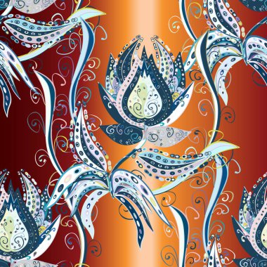 Çiçeksiz desenli arka plan. Kırmızı, turuncu ve mavi renkte çiçekler. Tişört yazdırma için çiçek boyama vektörü.