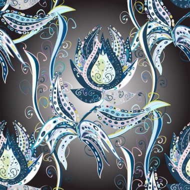 Vektör. Gri, nötr ve mavi renkte güzel çiçekli kusursuz desen, suluboya çiçek deseni, çizim, kart veya kumaş için fayanslı.