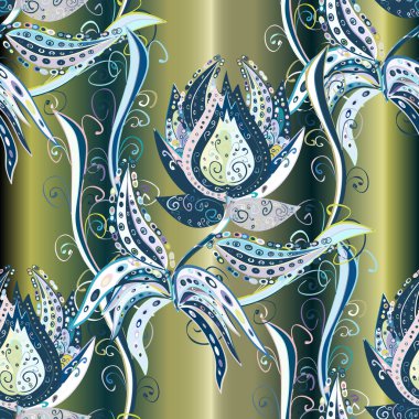 3 boyutlu çiçekler, pürüzsüz. Tarafsız, yeşil ve mavi renklerde. Vektör illüstrasyonu.