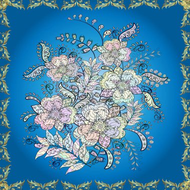 Vektör illüstrasyonundaki modaya uygun çiçek deseni. Düz Çiçek Elementleri Tasarımı. Renkli Yaz Temalı Kusursuz Arkaplan. Tarafsız, gri ve mavi renkte çiçekler.