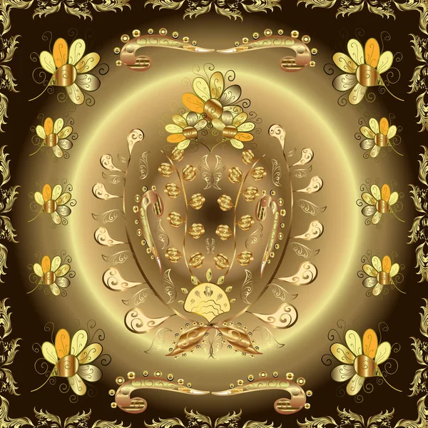 Ilustracja Wektora Damask Złoty Abstrakcyjny Kwiat Bezszwowy Wzór Brązowych Beżowych — Wektor stockowy