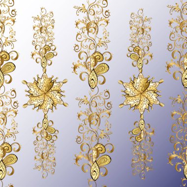 Kusursuz damaske klasik altın desen. Gri, kahverengi ve altın elementli nötr renklerde altın pürüzsüz desen. Tekrarlayan elementlerle soyut vektör arkaplanı. Vektör illüstrasyonu.