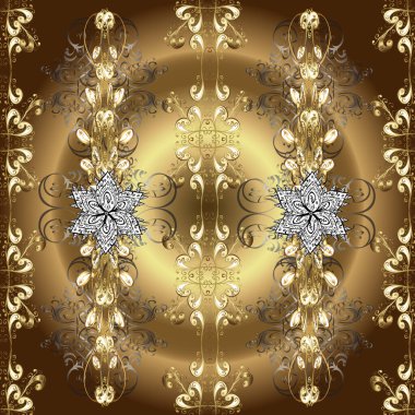 Noel altın kar tanesi kusursuz desen. Mor, kahverengi ve bej renklerde altın kar taneleri. Kış kar dokusu skeci. Sembol bayramı, yeni yıl kutlama vektörü altın desen.