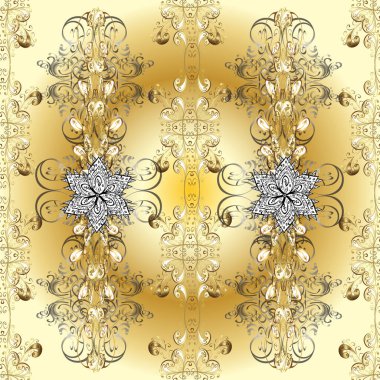 Kahverengi, bej ve sarı renklerde altın elementlerle klasik, pürüzsüz desen. Vektör illüstrasyonu.