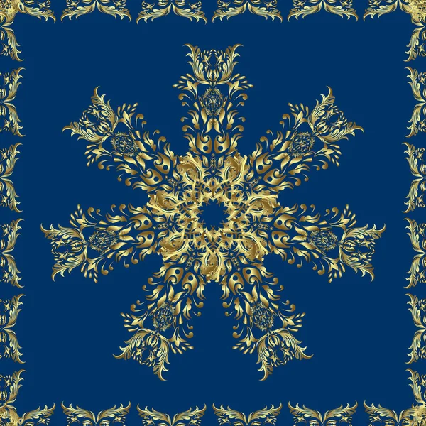 向量复古巴洛克花无缝的黄金图案 皇家和维多利亚时代的概念 华丽的装饰 蓝色和中性色彩的金色图案 带有金色元素 — 图库矢量图片