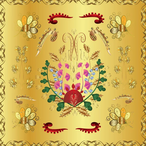 Golden Floral Ornament Baroque Style Antique Golden Repeatable Sketch Damask — Stock Vector