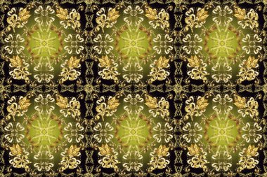 Tekrarlayan elementlerle kusursuz soyut arkaplan. Kahverengi, siyah, sarı ve altın desenli. Zarif raster klasik desen.