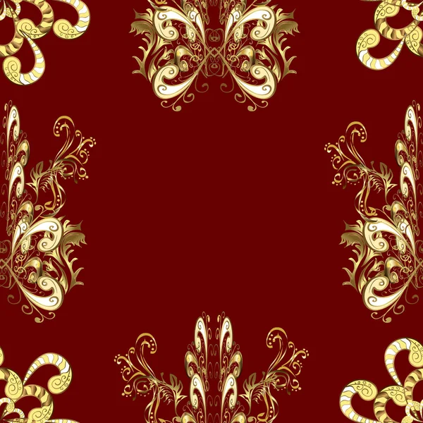 皇家和维多利亚时代的概念 古色古香的巴洛克花 金黄色 棕色和红色的无缝图案 华丽的矢量装饰 棕色和红色的金色元素 — 图库矢量图片