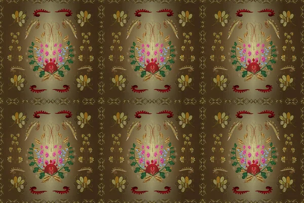 Безшовний Середньовічний Квітковий Королівський Візерунок Золото Коричневих Бежевих Нейтральних Кольорах — стокове фото
