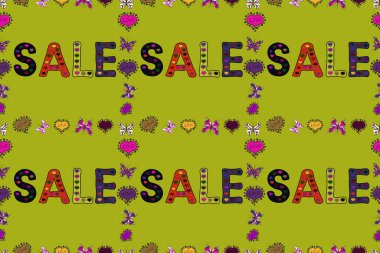Raster illüstrasyonu. Kusursuz desen. Arka planda yaz indirimi afişi, afiş, el ilanı, davetiye, poster, web sitesi veya tebrik kartı için egzotik tasarım. Sarı, mor ve siyah renkli resim.
