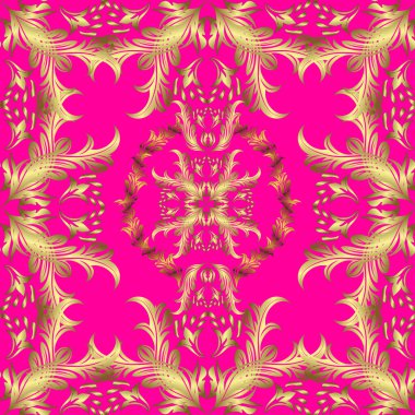 Altın antika ortaçağ dekoratifi, yaprakları ve mor, sarı ve nötr renklerde altın desenli süslemeleri olan vektörsüz desen. Kusursuz kraliyet lüksü, altın barok kumaş rengi..